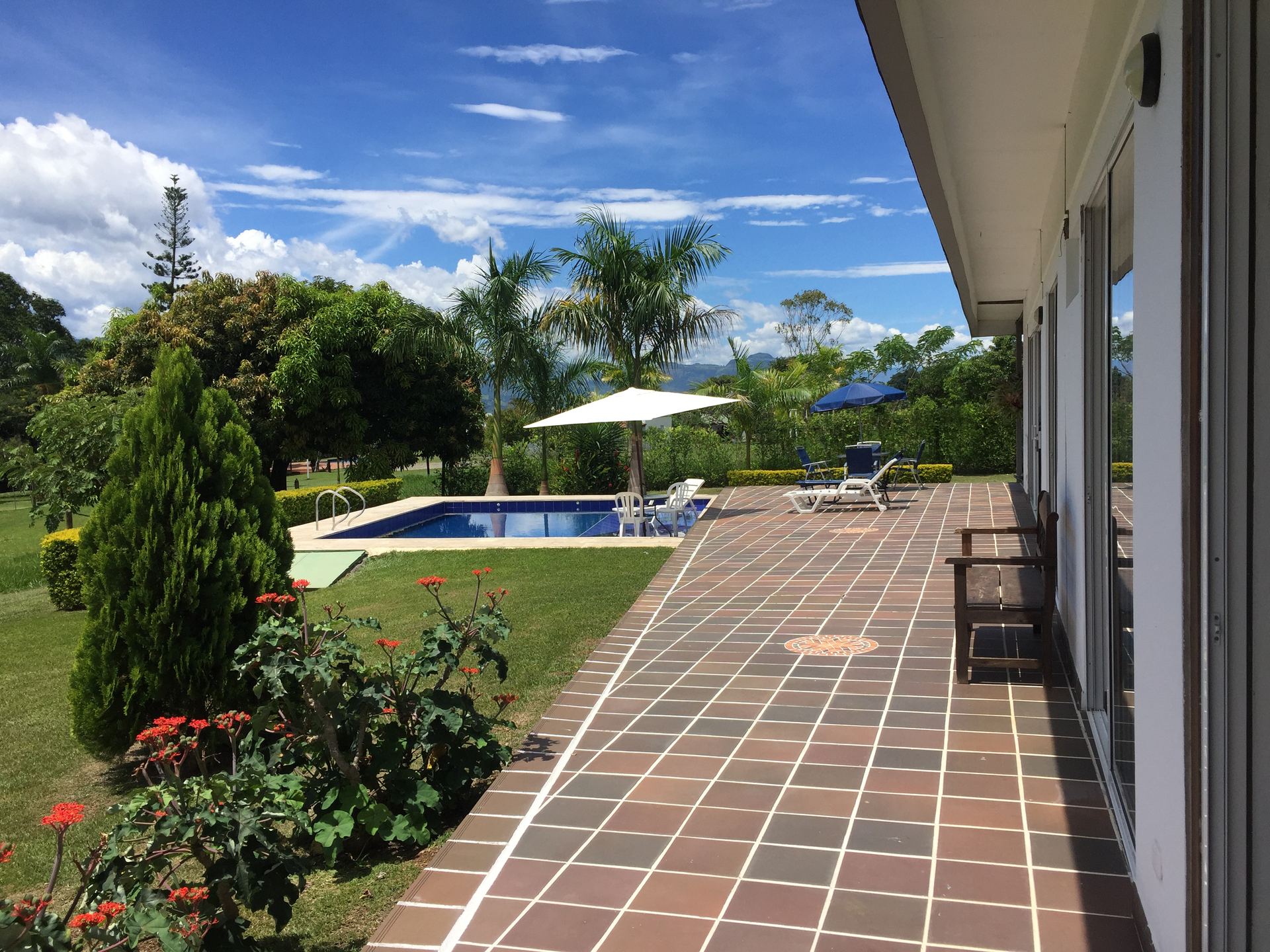 Zona de piscina con sombrillas y mesas